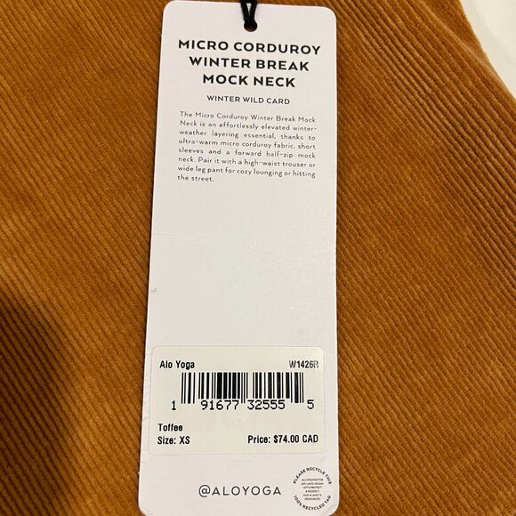 Alo- Toffee colour/Micro Corduroy Winter Break Mock Neck/XS - Picture 5 of 5